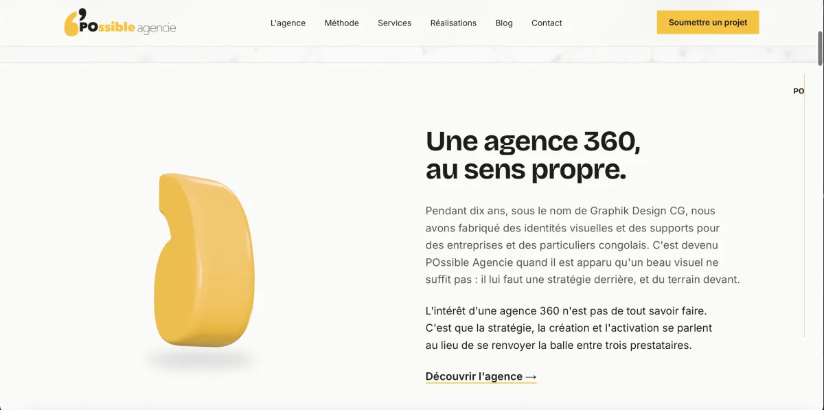 POssible Agencie — refonte du site d'une agence de communication à Brazzaville, apostrophe du logo en 3D